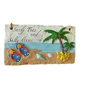 Beach Stone Plaque - Hanging Sign -7" x 5.5" Palm Tree with Jewels  Flip Flops